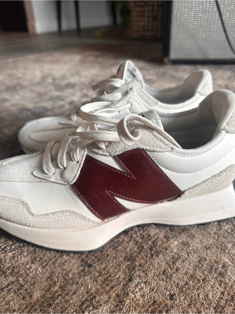 New Balance Women's 327 in Off-White with Burgundy N Logo